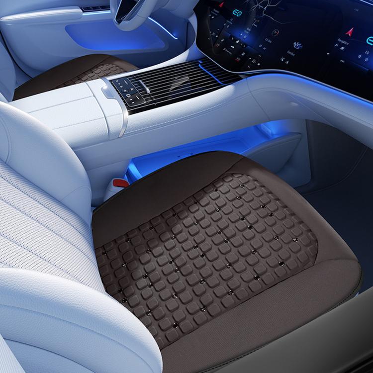 Car seat cooling pad in blackish-brown with raised grid texture on the cushion