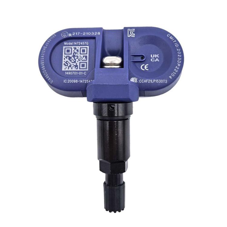 Tire pressure monitoring sensor with blue housing and black valve stem