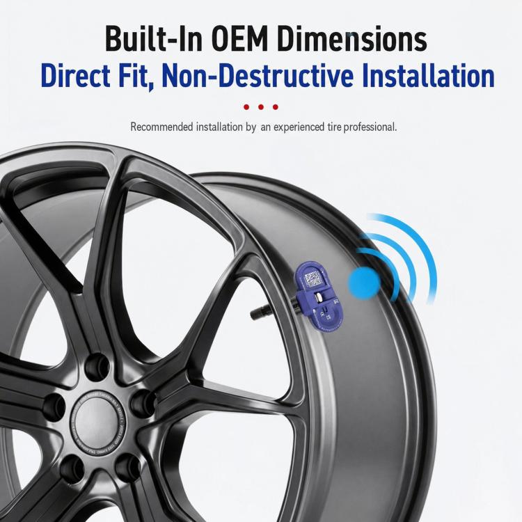 Tire pressure monitoring sensor on wheel rim with wireless signal icon