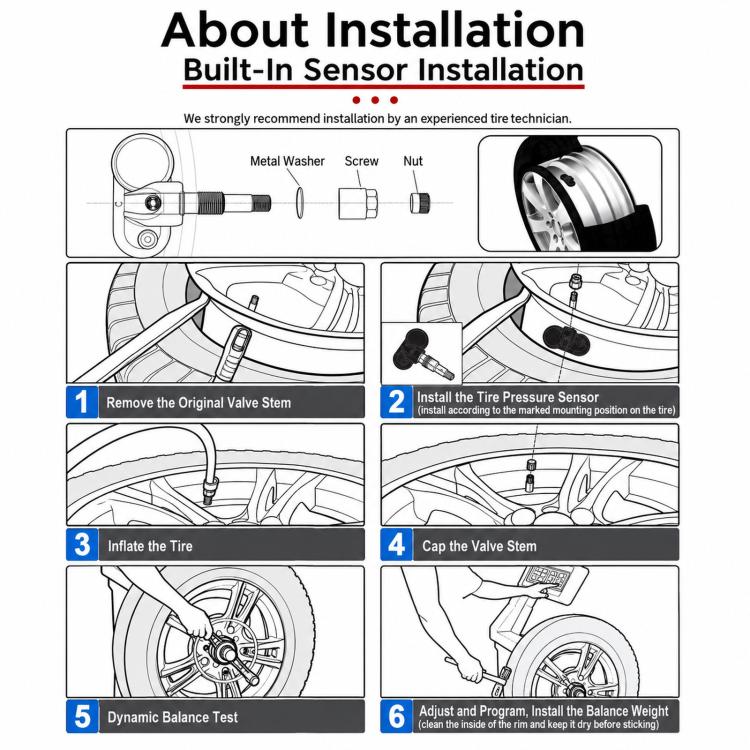 Tire pressure monitoring sensor installation steps with valve stem and mounting parts