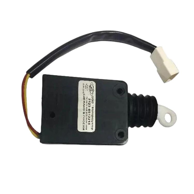 Car door lock latch actuator with black wiring harness and white electrical connector