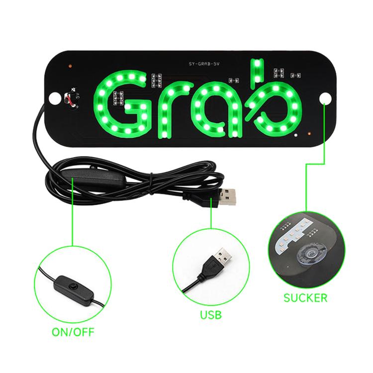 Black LED taxi sign light with green 'GRAB' letters, USB plug and on/off switch