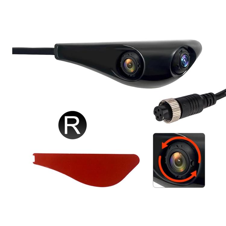 Dual-lens car rearview mirror camera with aviation connector, black housing, right-side view