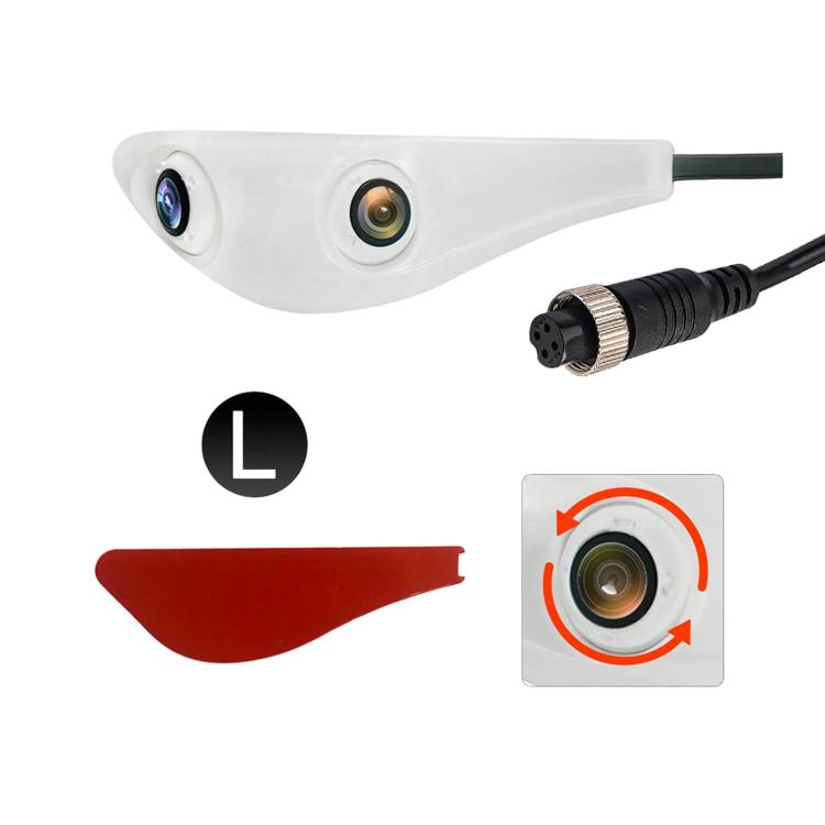 Dual-lens car rearview mirror camera with aviation connector, white housing, left-side view