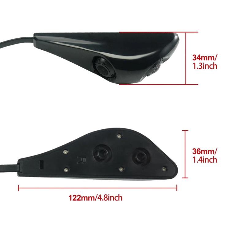 Dual-lens auxiliary car camera with black housing and mounting base, size dimensions shown