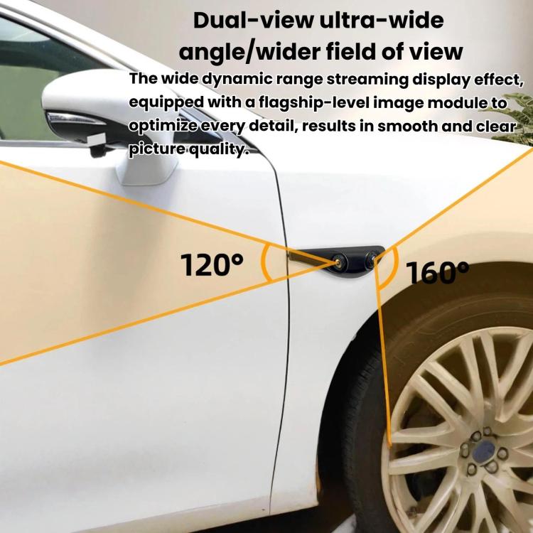 Dual-lens auxiliary camera attached to a car door near the wheel