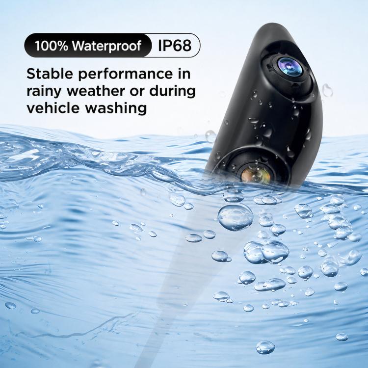 Black dual-lens auxiliary camera with water droplets, waterproof design shown