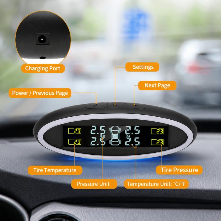 TPMS display unit on dashboard showing tire pressure and temperature readings