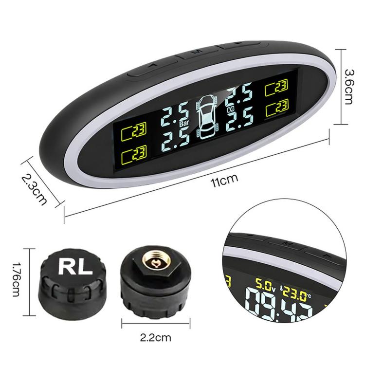 TPMS oval monitor and sensor cap set with size measurements shown