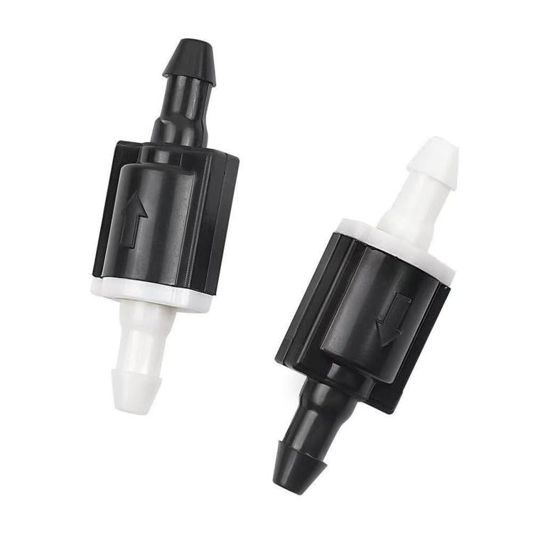 Windshield washer check valve, black housing with white inlet and outlet connectors