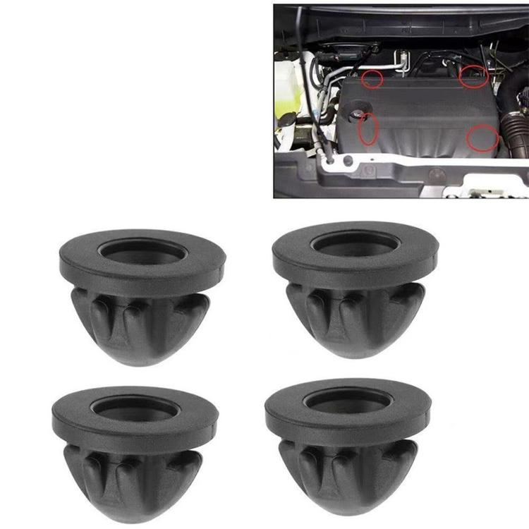 Set of four engine cover rubber grommet mount bushings, dark black with central holes