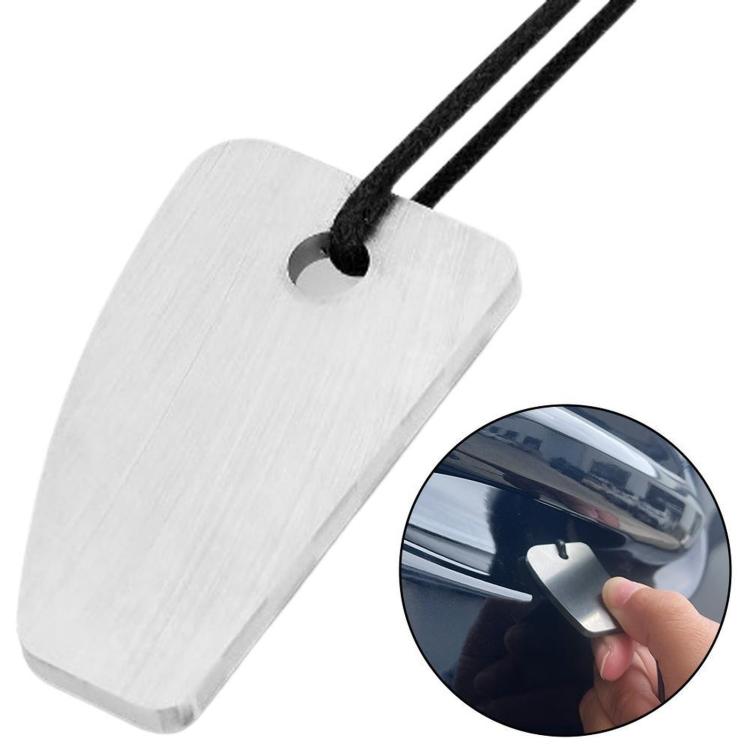 Car paint denibbing blade tag with silver metal surface and hanging black cord