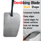 Car paint denibbing blade with shark-shaped carbide edge, silver tag and blade close-up