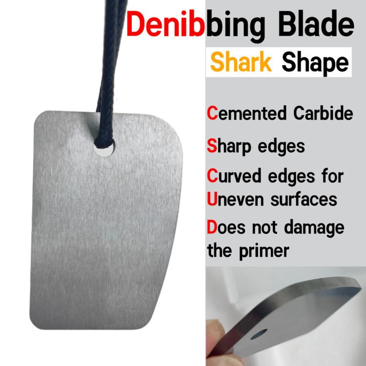 Car paint denibbing blade with shark-shaped carbide edge, silver tag and blade close-up