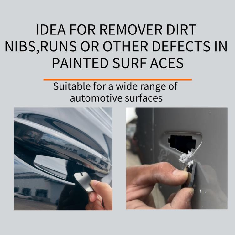 Car paint denibbing blade shown removing paint defects on a vehicle surface