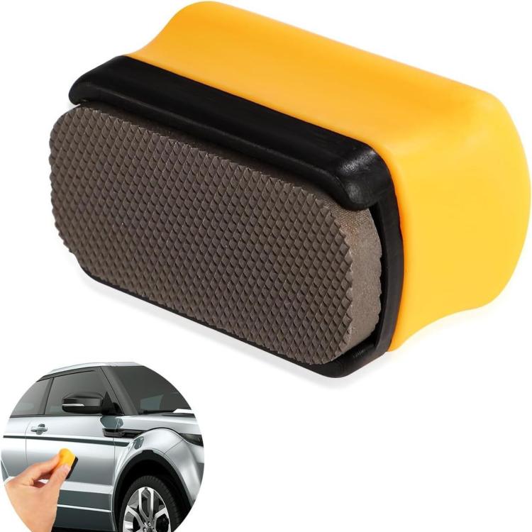 Mini sanding block with yellow rubber handle and dark textured double-sided abrasive pad