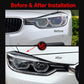 Before and after view of headlight eyebrow decals on BMW front headlights, dark trim