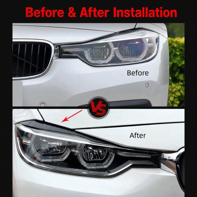 Before and after view of headlight eyebrow decals on BMW front headlights, dark trim