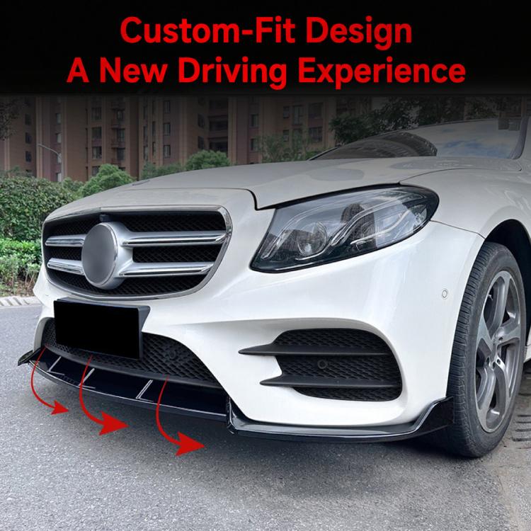 Front bumper lip spoiler installed on Mercedes E-Class, black