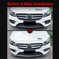 Mercedes E-Class front end showing before and after with black lip spoiler