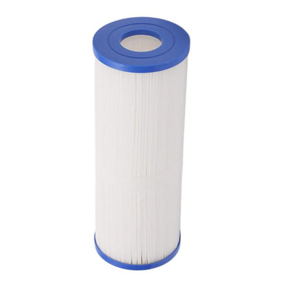 Spa pool filter replacement cartridge with white pleated media and blue end caps