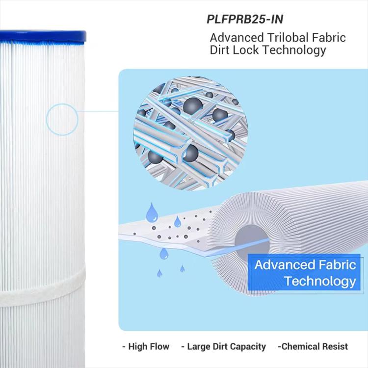 White spa pool filter cartridge with blue rings, shown with pleated fabric details