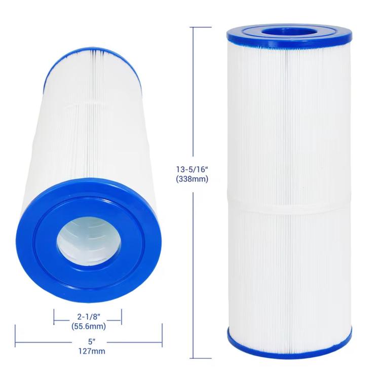 White and blue spa pool filter replacement cartridge with circular inlet opening