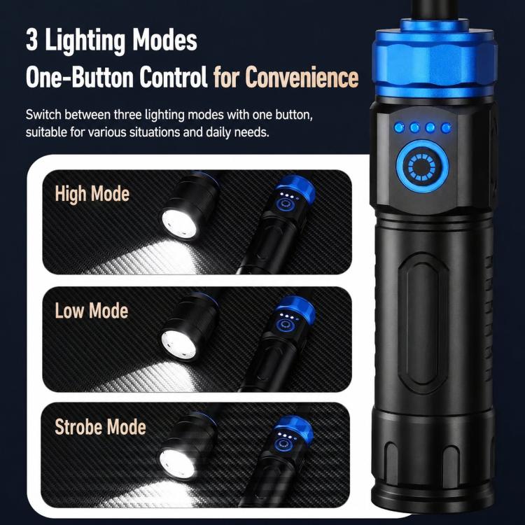 Blue LED gooseneck work light flashlight with black body and blue control panel