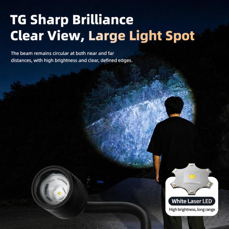 Black and blue LED gooseneck work light flashlight projecting a bright beam