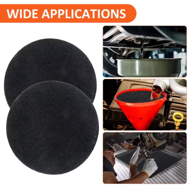 Two black round oil drain splash pad mats for vehicle fluid changes