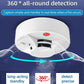 White smoke alarm with red status light, shown detecting smoke from all directions