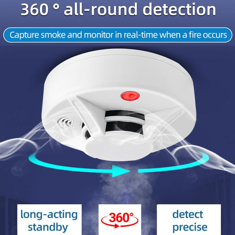 White smoke alarm with red status light, shown detecting smoke from all directions