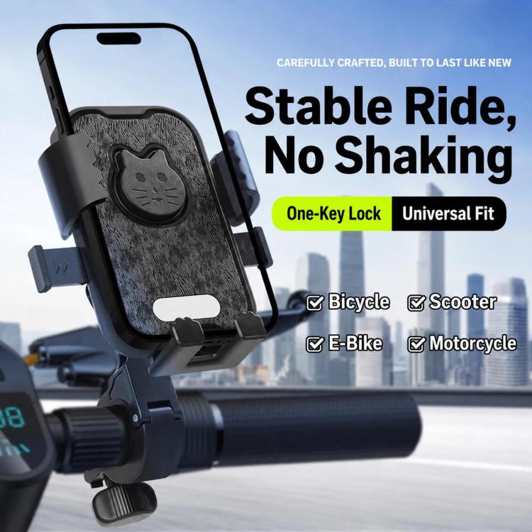 Black cat phone mount with universal clamp and one-key lock holding a phone