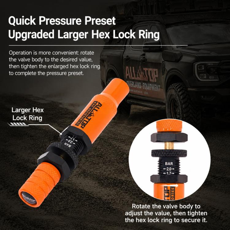 Orange tire deflator with larger hex lock ring for quick pressure preset