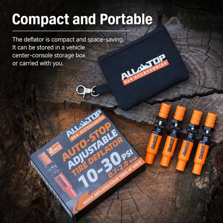 Compact tire deflator kit box with four orange auto-stop valve tools