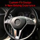 Steering wheel trim decal installed, silver accent frames around steering controls