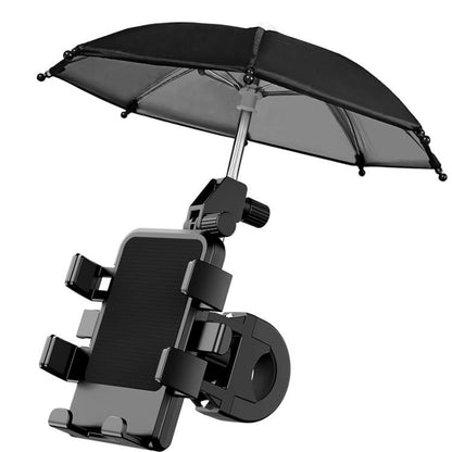 Motorcycle phone mount with black sunshade umbrella canopy and handlebar clamp