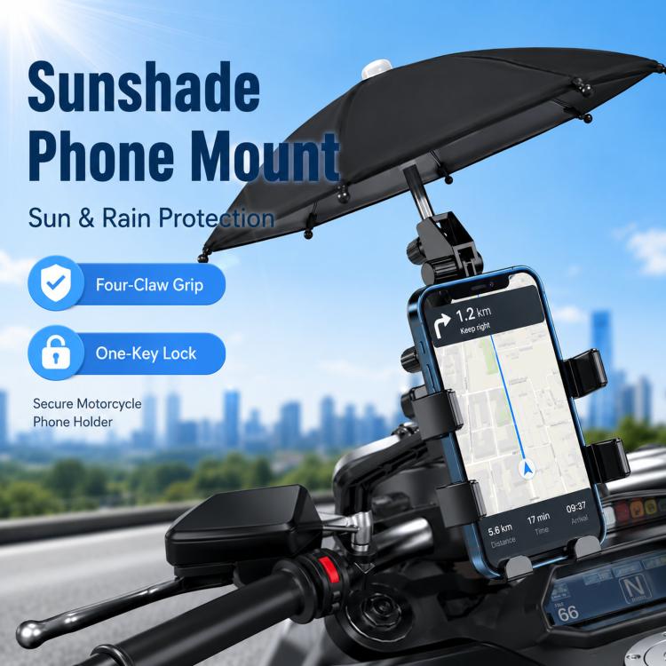 Motorcycle phone holder with sunshade umbrella over a smartphone on handlebar