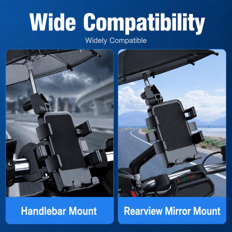Motorcycle phone mount with sunshade umbrella in handlebar and rearview mirror setups