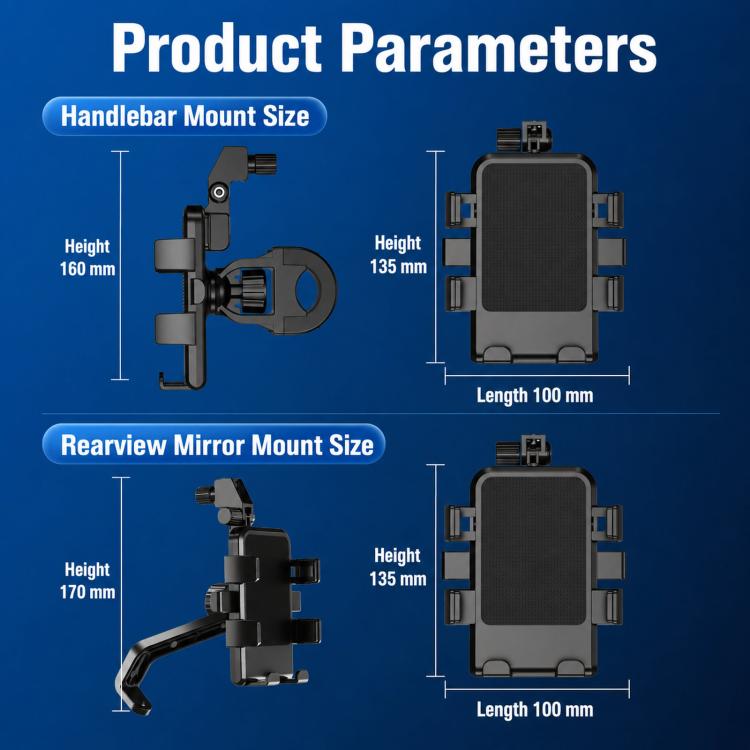 Motorcycle phone mount size chart for handlebar and rearview mirror versions
