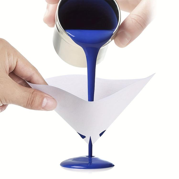 Disposable paint strainer paper cone with fine nylon mesh, blue liquid pouring through