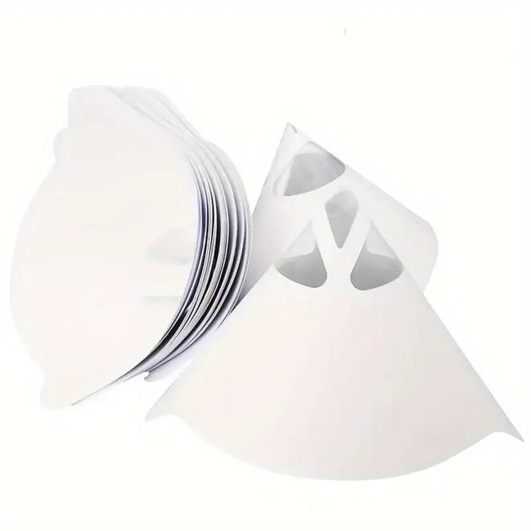 Disposable paint strainer paper cones with fine nylon mesh, stack of white cones