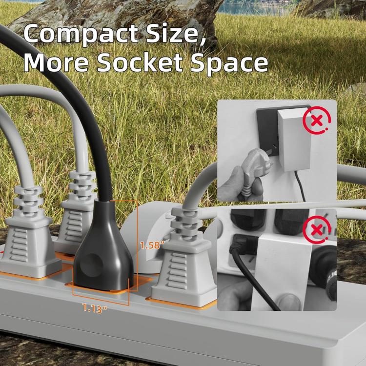 Compact power adapter with thick molded cord and two-prong US plug for tight spaces