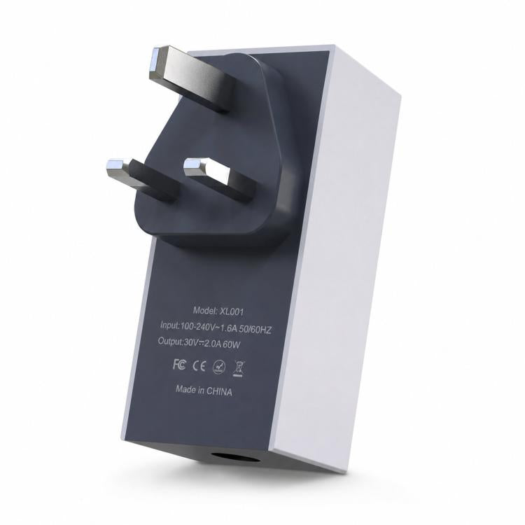 UK wall plug power adapter with dual-prong plug, black and gray body