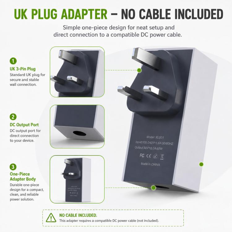 UK plug DC power adapter with output port, black and gray compact design
