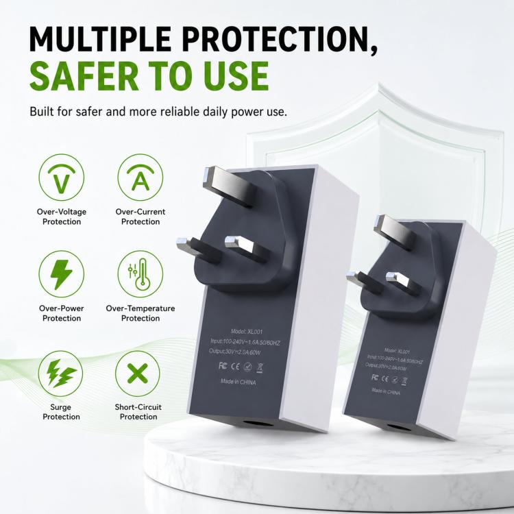 UK power adapter with multi-protection safety design, black and gray wall plug
