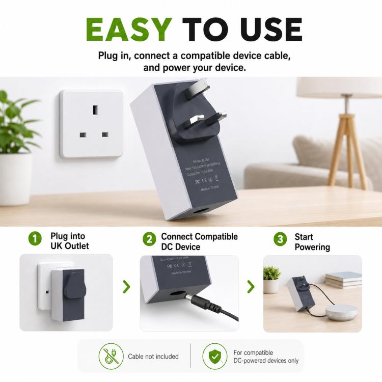 UK DC power adapter for wall outlet, black and gray, connects to compatible device