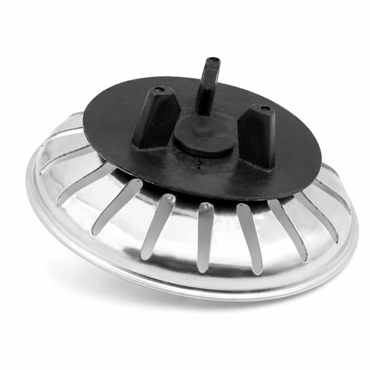 Sink strainer basket with black stopper and metal perforated strainer plate