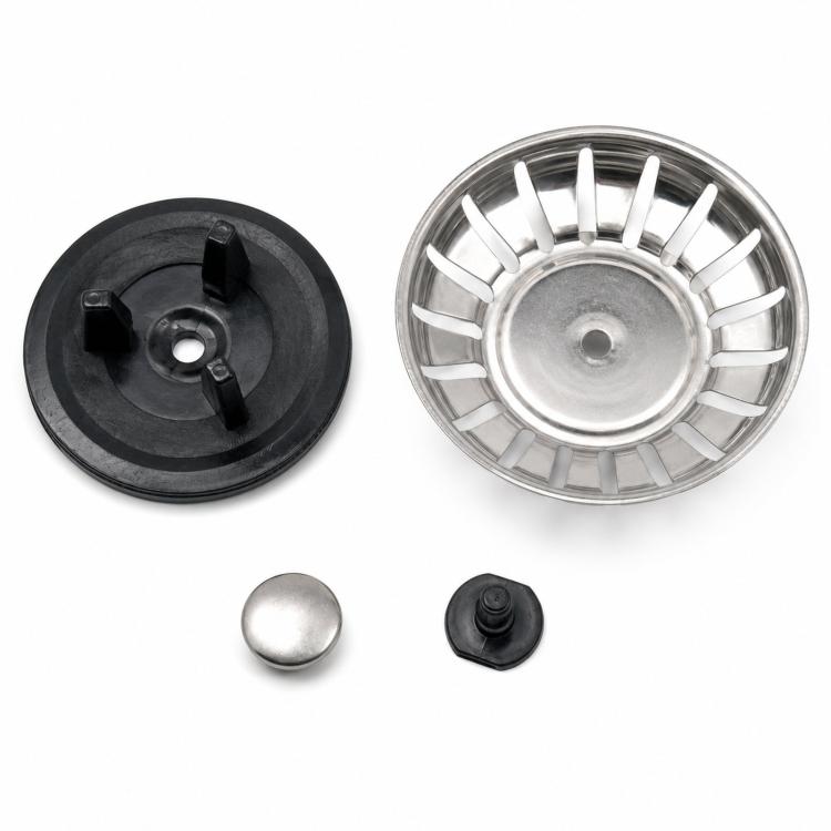 Sink strainer basket kit with metal basket, black base, plug, and small cap