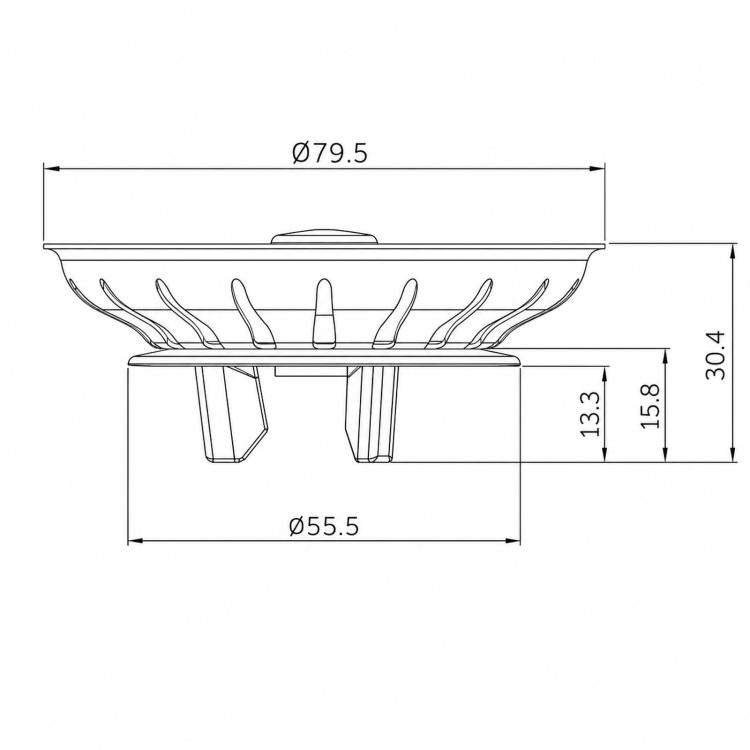 Replacement sink strainer basket with 3-prong plug, 80mm, dimensioned side view